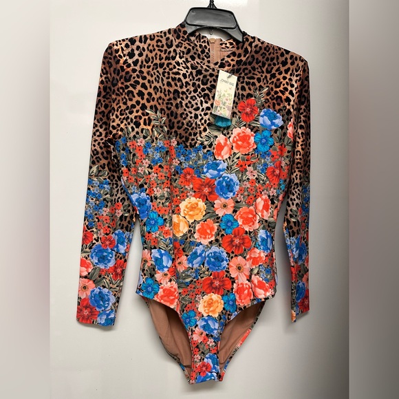 JOHNNY WAS CHEETAH CROSS OVER NECK SURF🏄‍♀️ONE PIECE Floral Long Sleeve,Size: XL - Picture 6 of 13